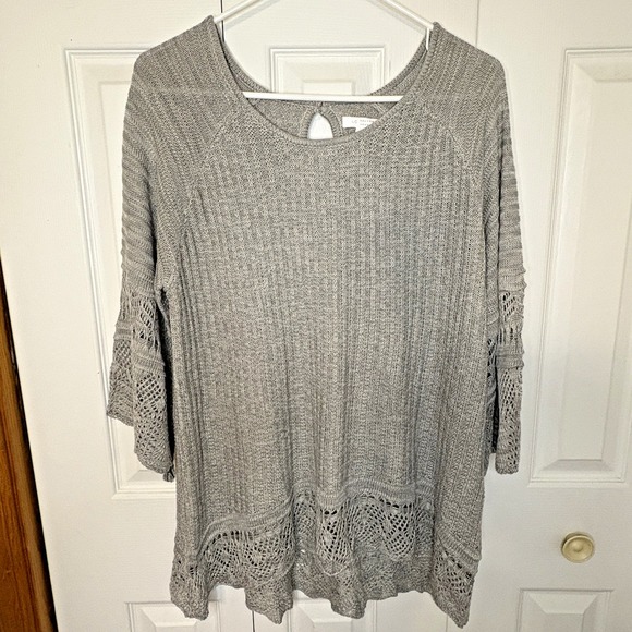 LC Lauren Conrad Crochet Pointelle Sweater XL High-Low‎ Bell Sleeves Lightweight - Picture 1 of 10